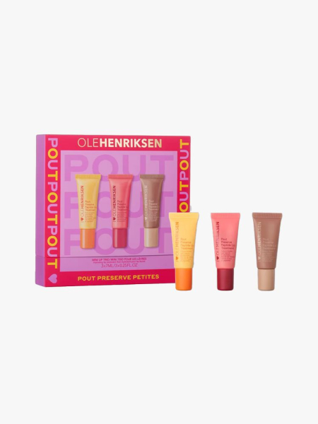 Olehenricksen Pout Preserve Petites Mini Lip Trio in branded components on a light gray background